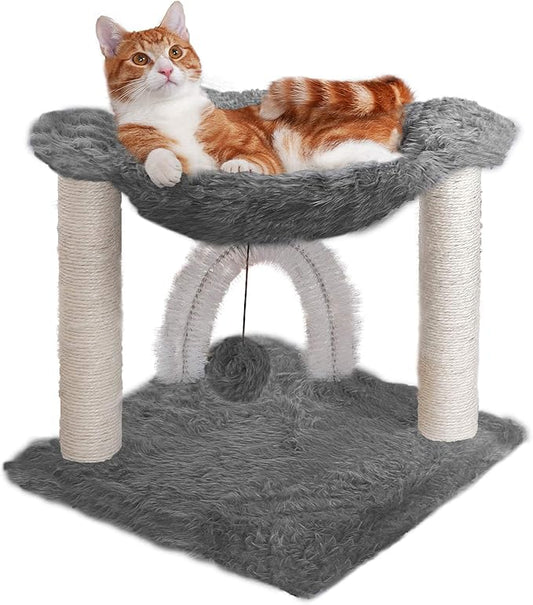 Furhaven 15.75" Tall Playground for Indoor Cats, Ft. Sisal Scratching Posts, Self-Grooming Brush, & Toy - Tiger Tough Hammock Interactive Playground - Silver, One Size-PurrikoPets
