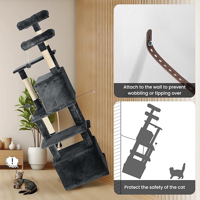 69in Large Cat Tree Tower for Indoor Cats with Soft Plush Hang Ball, Two Condos, Sisal Scratch Posts & Rope Play for Kittens/Adult Cats, Deep Grey-PurrikoPets