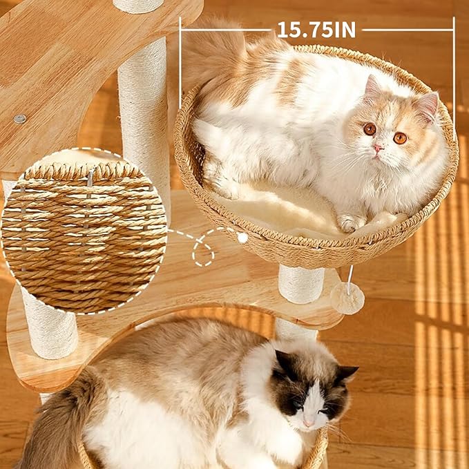 54" Modern Cat Tree Tower for Indoor Cats, Oak Cat Scratching Tree for Multiple Large Cats, Manual Hand Woven Luxury Cat Condo, Unique High-end Design Cat Furniture Activity Centre, Easy Clean-PurrikoPets