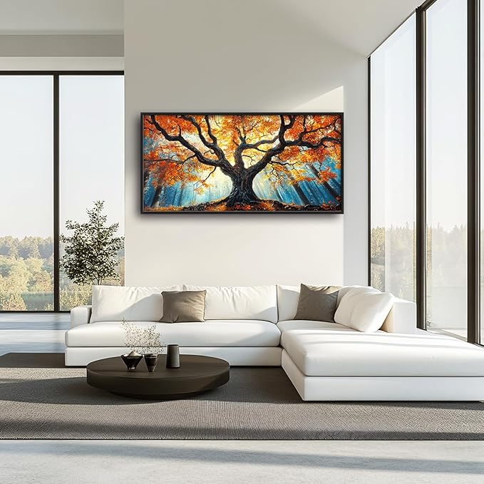 Extra Large Tree of Life Framed Wall Art for Living Room,Fall Autumn Forest Sunrise Landscape Pictures Wall Decor,Nature Canvas Print Painting Modern Artwork Bedroom Office Bathroom 60L" x 30W"-PurrikoPets