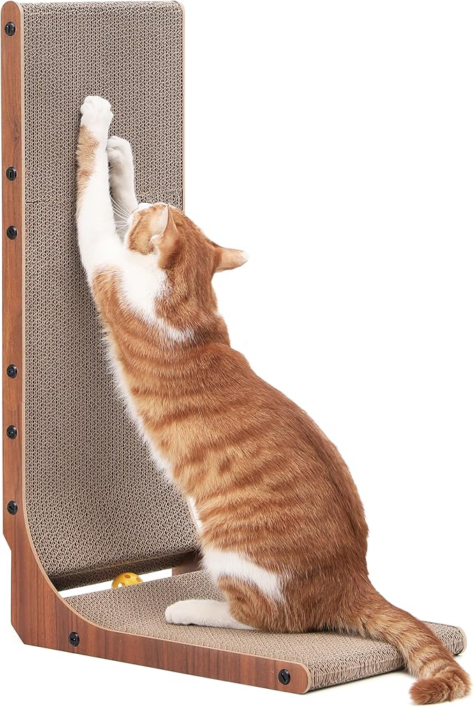 FUKUMARU Cat Scratcher, 26.8 Inch Cat Scratch Pad for Indoor Cats, L Shaped Cardboard Vertical Cats Scratching Board with Ball Toy, Walnut Color, 1 Pack-PurrikoPets