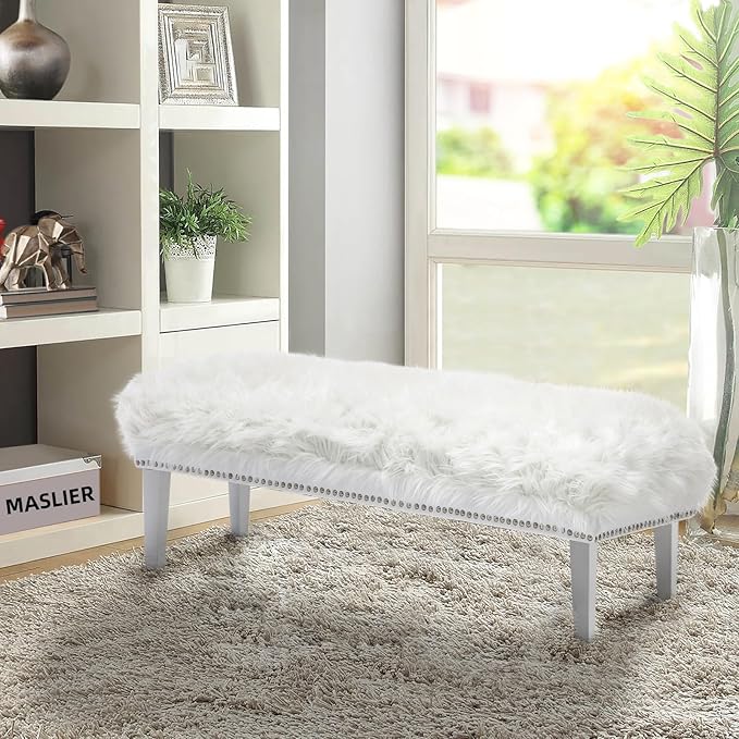 46 Inch White Bedroom Bench, Modern Multi-Purpose Bench with Wooden Legs, White Faux Fur Upholstered Bench for Bedroom, Living Room, or Entryway-PurrikoPets