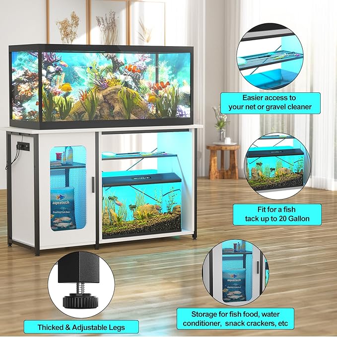 55-75 Gallon Fish Tank Stand with Power Outlets & LED Light, Reversible Heavy Duty Metal Aquarium Stand with Cabinet for Fish Tank Accessories Storage, Turtle/Reptile Terrariums, White-PurrikoPets