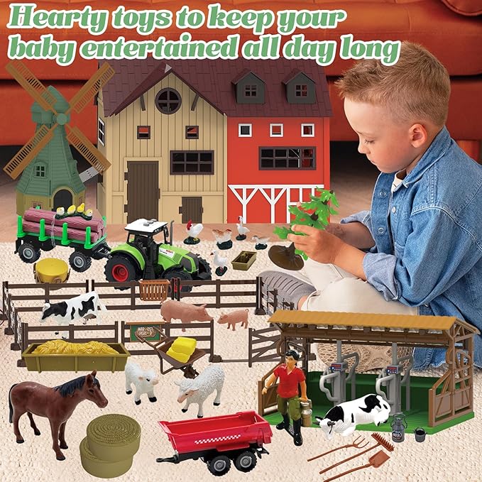 136PCS Farm Animals Toys Set Comes with Barn, Tractor Trailer, Milking shed, Windmill, Farmer, Fence - Playset for Kids Toddlers Boys Girls 5+ Years Old-PurrikoPets