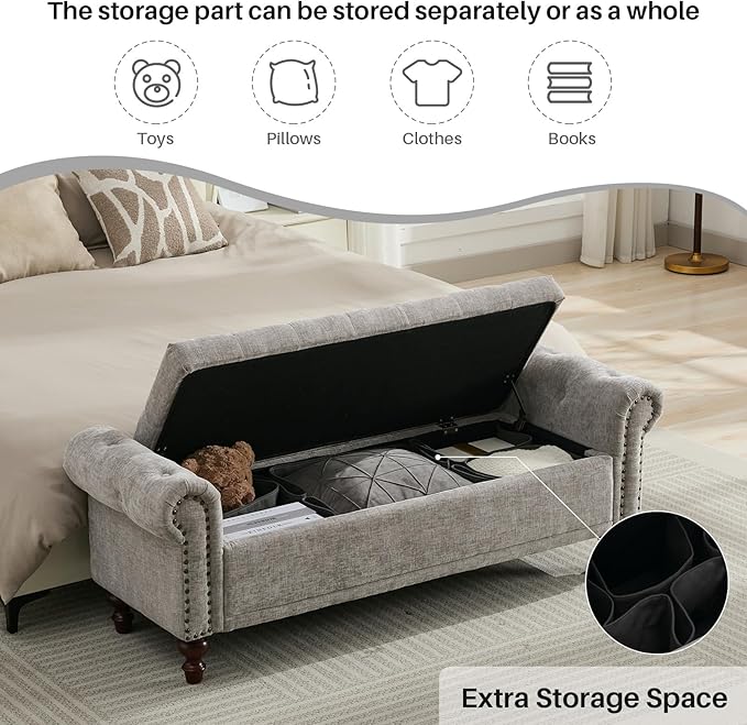58.1'' Storage Bench Upholstered Chenille End of Bedroom Bed Bench Ottoman with Tufted Cushioned Rolled Arm Large Storage Space for Reading Living Room Entryway, Light Grey-PurrikoPets