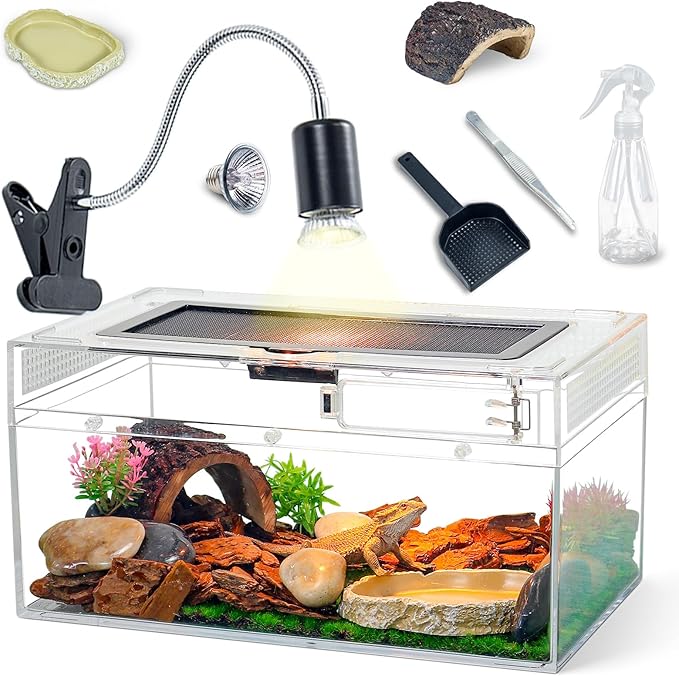 12.5''×6''×7'' Reptile Tank Kit with Heat Lamp, Spray Bottle, Shovel, Tweezers, Food Bowl, Hideout -Perfect for Geckos, Snakes, Lizards, Turtles, Jumping Spider,Milk Frog,Hermit Crabs-PurrikoPets