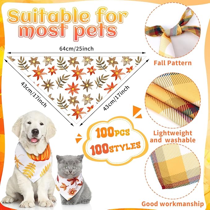 100 Pcs Fall Dog Bandanas Bulk Pet Bibs Colorful Triangle Scarf Autumn Pet Bandanas for Medium Large Dogs Fall Autumn Harvest Festival Costume Decor-PurrikoPets