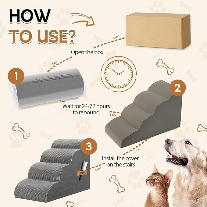 Dog Stairs, Romrol Dog Steps Ramp for High Bed and Couch, Dogs Ramp with Durable Non-Slip Waterproof Fabric Cover, Pet Stairs for Small Dogs and Cats or Pets Joints, 4-Tiers,Grey-PurrikoPets
