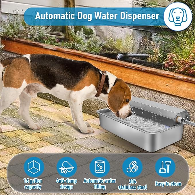 6L Automatic Dog Water Dispenser Bowl for Large Dogs, 304 Stainless Steel Wall Mounted Pet Waterer with Float Valve, Self-Filling Outdoor Water Trough for Pets/Livestock-PurrikoPets