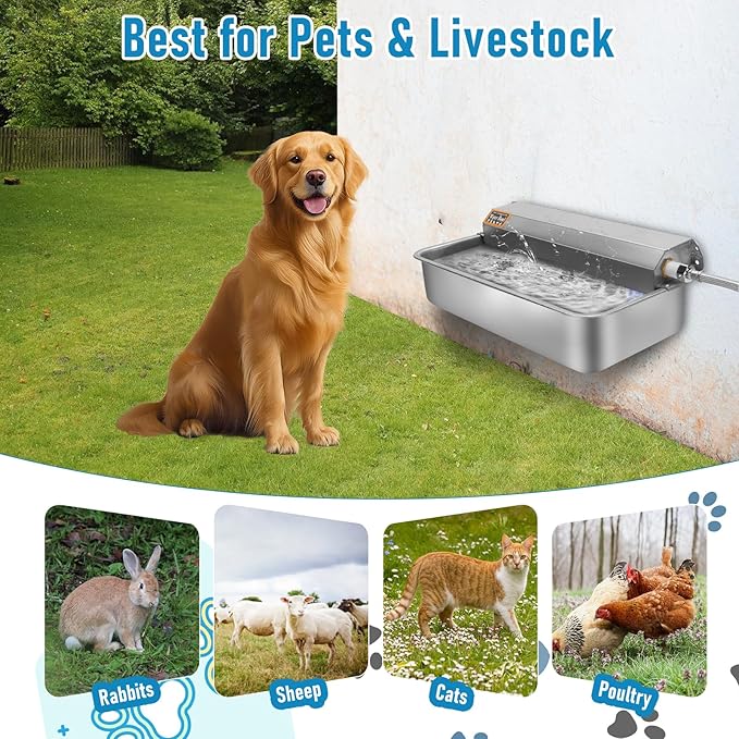 6L Automatic Dog Water Dispenser Bowl for Large Dogs, 304 Stainless Steel Wall Mounted Pet Waterer with Float Valve, Self-Filling Outdoor Water Trough for Pets/Livestock-PurrikoPets