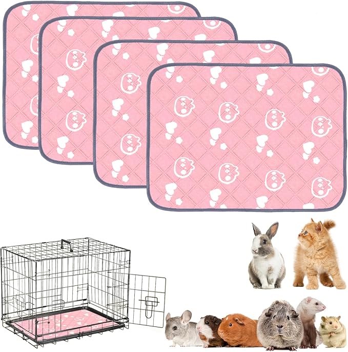 4 Pack Guinea Pig Bedding - Washable Guinea Pig Cage Liners, Waterproof Reusable & Anti Slip Pee Pads Super Absorbent Mats for Small Animals Pet Rabbit Bunny Hamster Rat (Pink, 24 x 18 Inch)-PurrikoPets