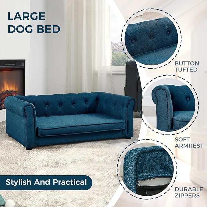 Dog Sofa Couch for Medium to Large Dogs, 31" Memory Foam Dog Couch with Washable Fabric, Removable Cushion, Sofa Bed for Medium and Large Dogs, Blue-PurrikoPets