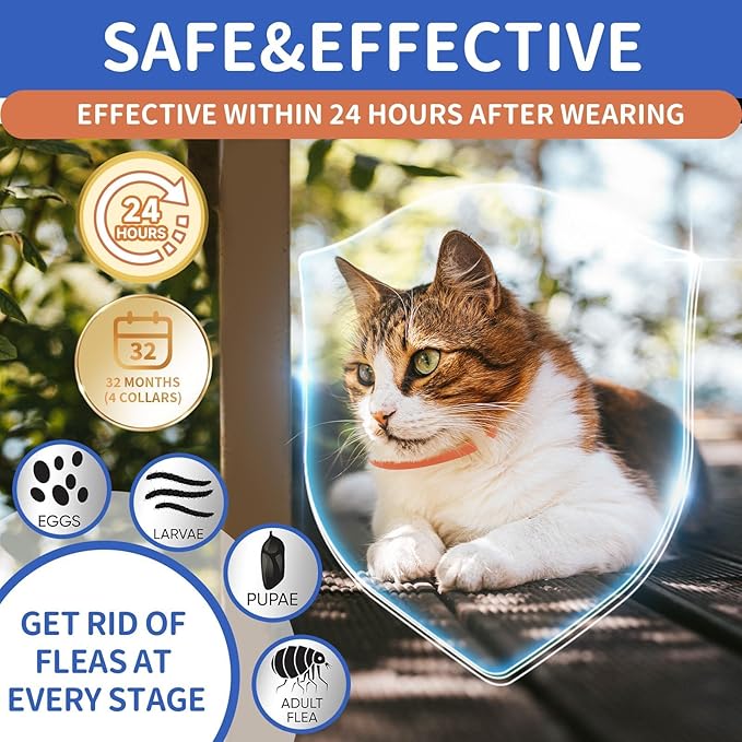 4 Pack Flea and Tick Collar for Cats, 32 Months Flea and Tick Treatment, Flea and Tick Prevention, Waterproof, Adjustable Flea and Tick Collar for Kittens, Blue & Orange-PurrikoPets
