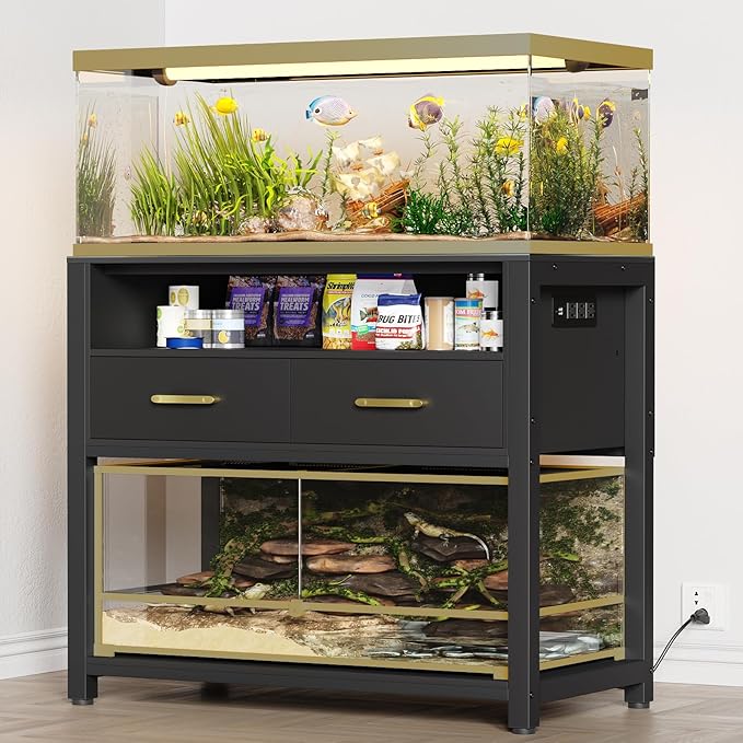 40-50 Gallon Fish Tank Stand with Power Outlet & 2 Storage Drawers, Heavy Duty Metal Frame Aquarium Stand with Waterproof Mat, 36.6" L*19.1" W Tabletop, 800LBS Capacity, Black-PurrikoPets