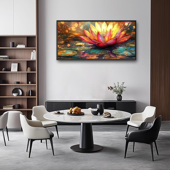 Framed Large Lotus Wall Art for Living Room, Oversized Lotus Flower Wall Decor Zen Golden Floral Canvas Painting Modern Artwork Home Decoration for Living Room Bedroom Office 60"x30"-PurrikoPets