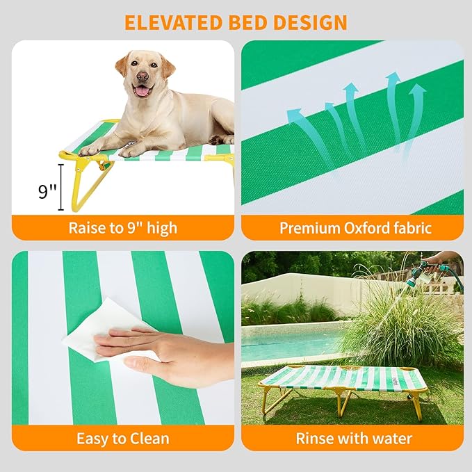 Dog Elevated Bed Foldable Portable Raised Bed Camping cot Outdoor Summer Dog Bed (Large, GreenStripes-Oxford Fabric)-PurrikoPets