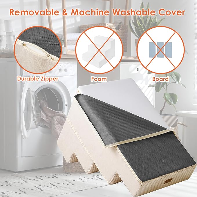 EHEYCIGA Dog Stairs for High Bed 25" H, 5-Step Extra Wide Dog Steps for Bed, Pet Steps for Small Dogs and Cats, Non-Slip Balanced Pet Ramp Indoor, Beige-PurrikoPets