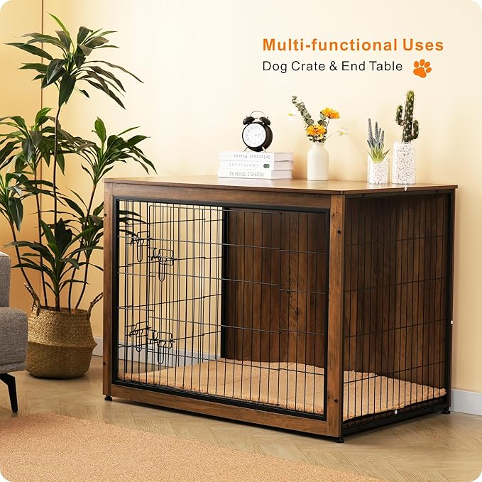 DWANTON Dog Crate Furniture with Cushion, Wooden Kennel Table with Double Doors, Indoor Dog House, Extra Large, 43.3" L, Warm Brown-PurrikoPets