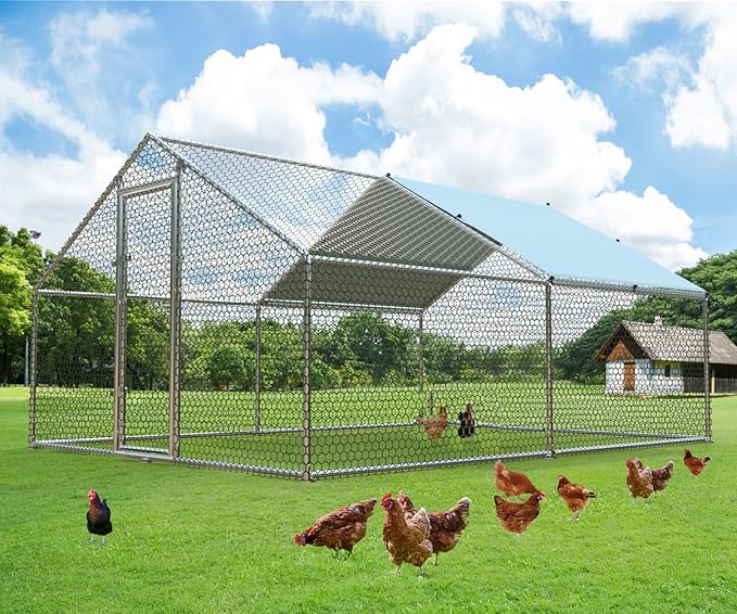 1.26'' Large Metal Chicken Coop Run Walk in, Chicken Runs for Yard with Cover, Chicken Pens Outdoor, Spire Roofed Outside Dog Kennel with Roof (9.8’Lx13.1’Wx6.4’H)-PurrikoPets