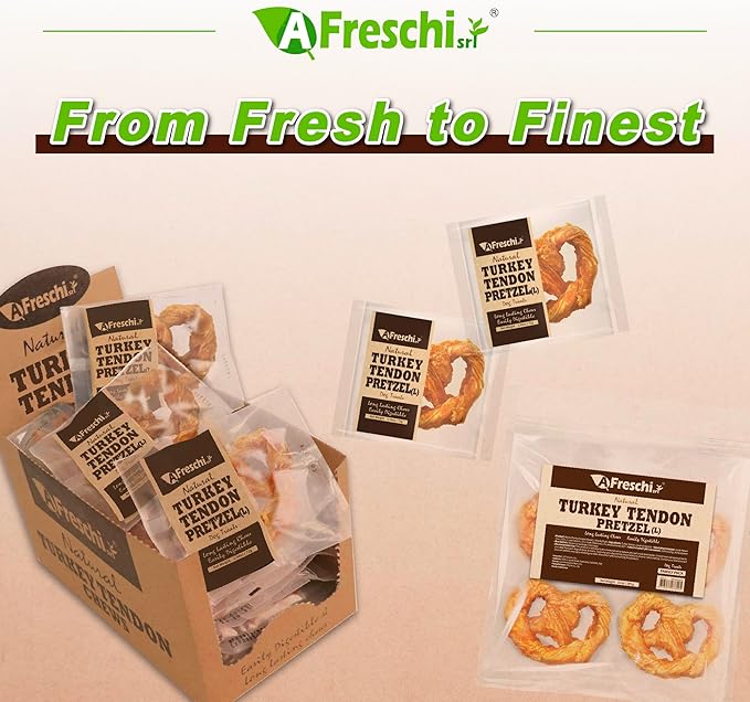 Afreschi Natural Turkey Tendon Pretzel (L) 10 oz, USA-Sourced Turkey Tendon, All Natural Puppy Chew, Hypoallergenic, Rawhide Alternative, for Large Breeds-PurrikoPets