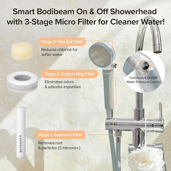 Filtered Handheld Shower Head with Vitamin C & Sediment Filter, High Pressure Water Flow, Water Saving, Reduces Chlorine for Dry Skin & Hair, On/Off Switch, Made in Korea - Bluemoon Gray-PurrikoPets