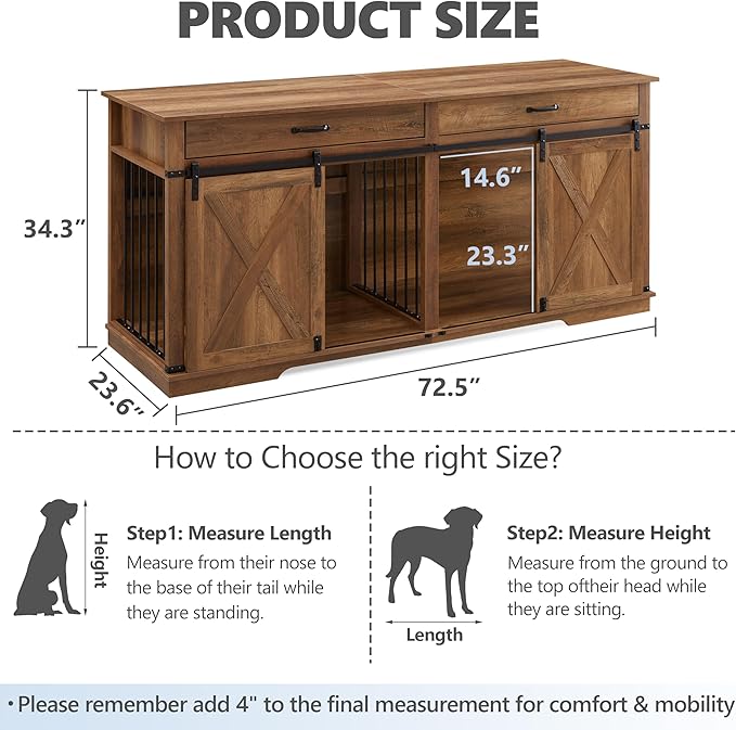 72.5" Extra Large Furniture Style Double Dog Crates for Large Breeds, XXL Wooden Dog Kennel Furniture with Drawers, Divider, Water Resistant & Barn Door for 2 Dogs, Rustic Oak-PurrikoPets