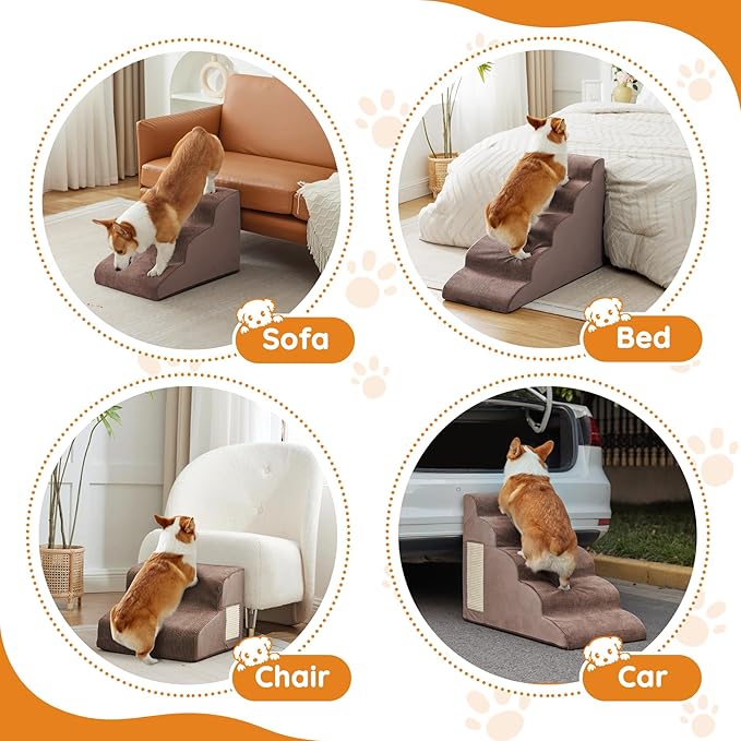 Dogs Steps for Bed, Dog Stairs for Small Dogs, 2-Step Dog Ramp for Bed, Couch, Sofa, and Chairs, Non-Slip Bottom Design, Cat Scratching, High Density Foam Portable Pet Step, Indoor, Coffee-PurrikoPets