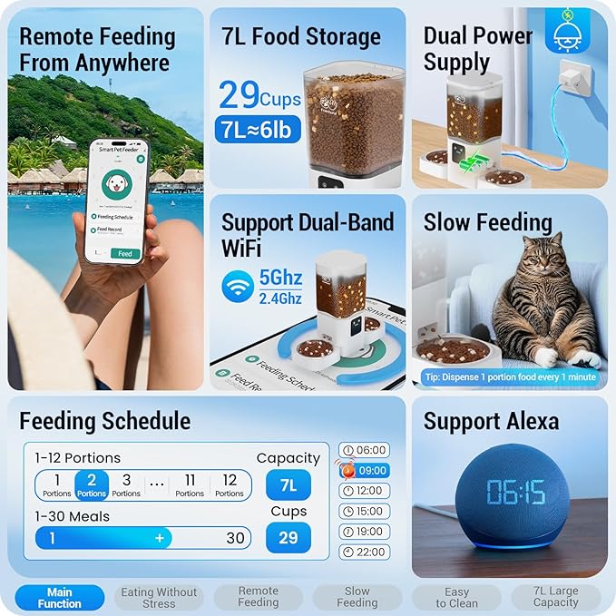 5G WiFi Automatic Cat Feeder with Slow Feed for 2 Cats: Automatic Dog Feeder with 7L Large Food Storage, Cat Food Dispenser with Alexa for Multiple Pets, Detachable for Easy Cleaning -29 Cup-PurrikoPets