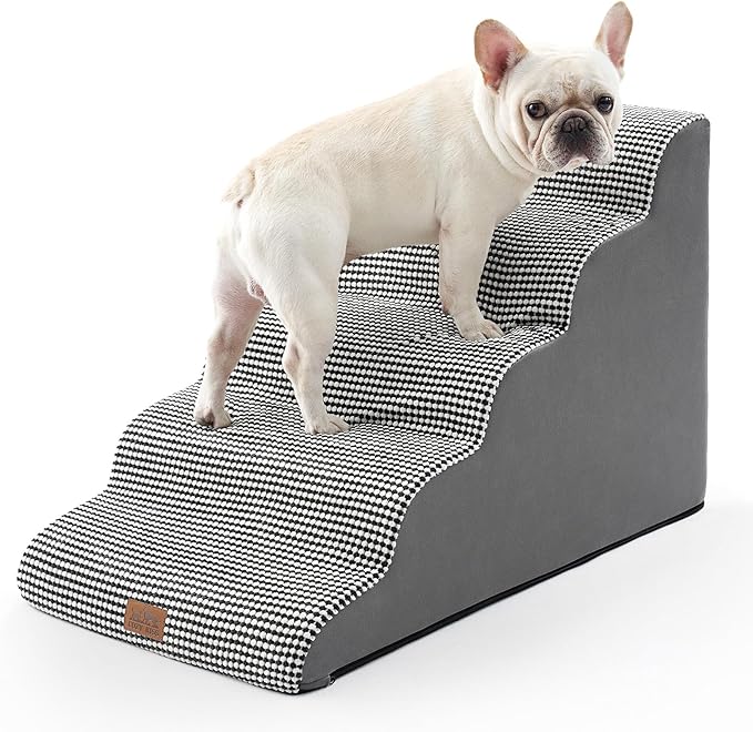 Extra Wide Dog Stairs 19.7" Width, Large Pet Step for Small Medium Dog, Puppy or Cat, Ramp for High Bed or Car, High Density Foam Ladder, Stable, 5 Step, 19.7x33x22.4 inch, White Black-PurrikoPets