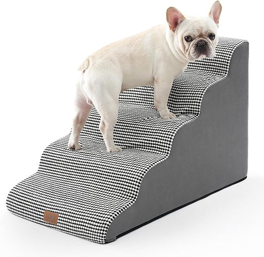 Extra Wide Dog Stairs 19.7" Width, Large Pet Step for Small Medium Dog, Puppy or Cat, Ramp for High Bed or Car, High Density Foam Ladder, Stable, 5 Step, 19.7x33x22.4 inch, White Black-PurrikoPets