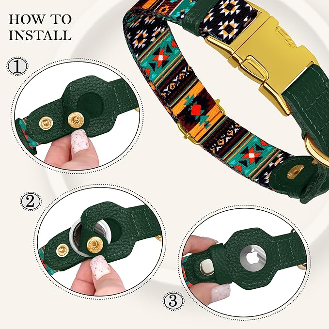 AirTag Dog Collar for Small Medium Large Breed - Adjustable Cute Pattern Dog Collar with Airtag Holder - Soft Leather Tracker GPS Apple Air Tag Pet Collars (Small, 12"-15" Neck Fit, Tribal)-PurrikoPets