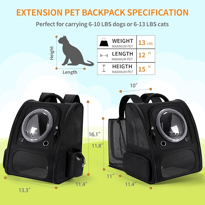 Expandable Pet Carrier Backpack with Transparent Bubble Window, Gray Mesh Travel Bag, Portable Space Capsule Design with Foldable Dogs Carrier for Pets (Black)-PurrikoPets