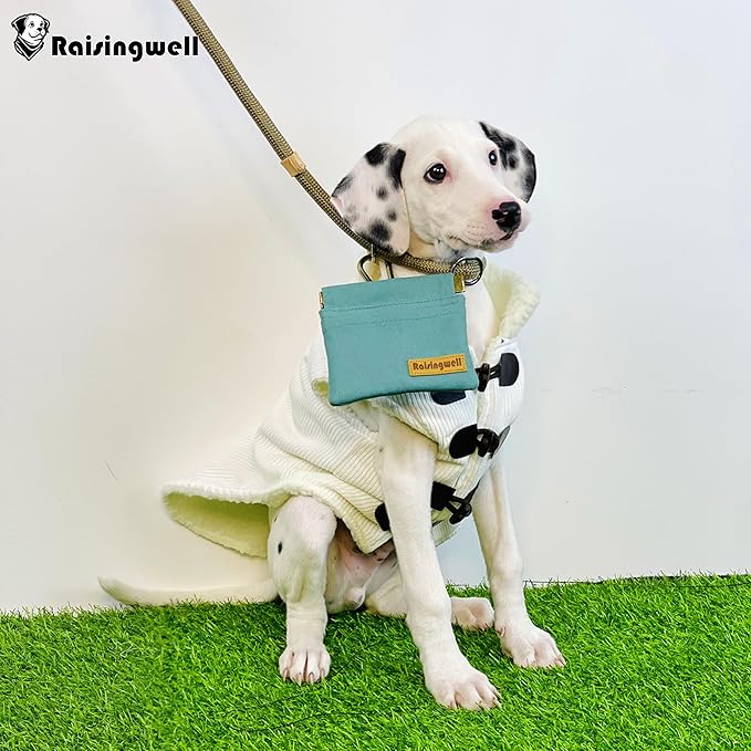 Dog Treat Pouch, Green Pocket Sized Pet Training Pouch, Cotton Fabric, Hand Free Dog Walking Bag with Carabiner, Self-Closing Pet Feed Snack Reward, for Puppy Travel or Outdoor Use-PurrikoPets