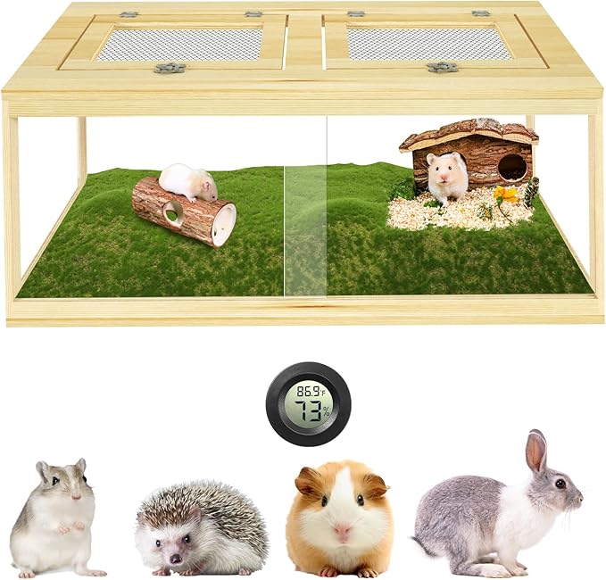 32" Hamster Habitat Enclosure, Lockable Sliding Door Gerbil Cage, Dwarf Hamster Cage with Metal Mesh Roof, Chewproof Syrian Hamster Cage for Mice, Small Animal, (Wooden, 32" L x 16" W x 16" H)-PurrikoPets