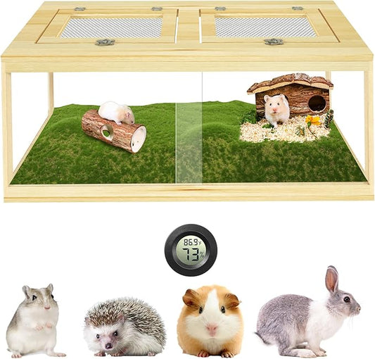 32" Hamster Habitat Enclosure, Lockable Sliding Door Gerbil Cage, Dwarf Hamster Cage with Metal Mesh Roof, Chewproof Syrian Hamster Cage for Mice, Small Animal, (Wooden, 32" L x 16" W x 16" H)-PurrikoPets