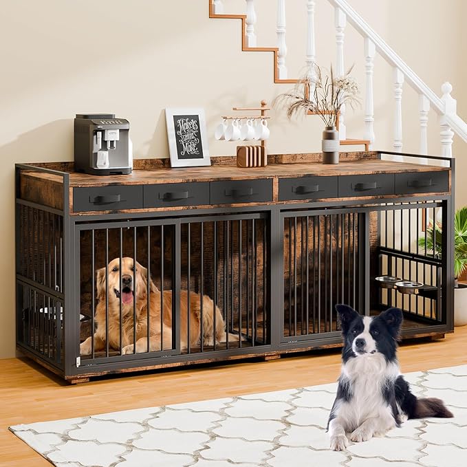 86.6Inch Large Double Dog Crate Furniture,Heavy Duty Metal Frame Dog Crate Kennel with Adjustable Feeder Bowls and Removable Divider&Drawers,Chew-Resistant Dog Kennel for 2 Dogs Indoor-PurrikoPets