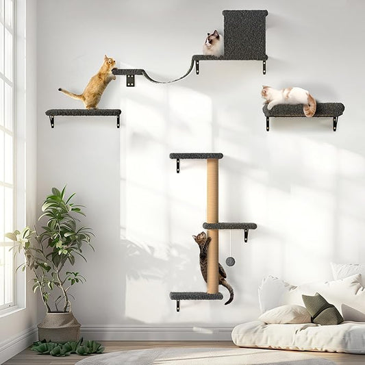 FUKUMARU Cat Wall Shelves, Stable & Safe 4 in 1 Cat Furniture Set, Wooden Climbing Wall with Scratching Post for 16 Inch Drywall - Gray-PurrikoPets