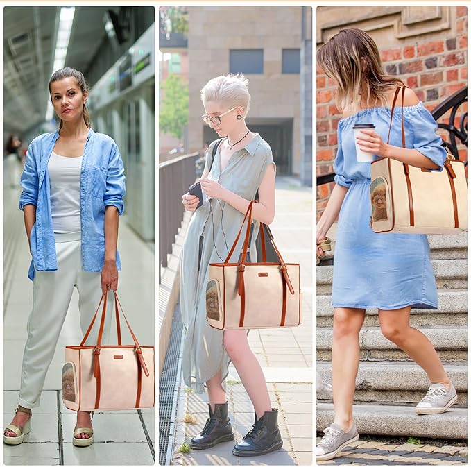 Fashion Dog Purse Pet Carrier Leather Bag for Small Dogs Cats Puppy, Portable Tote Bag Airline Approved Soft-Sided Carriers (Beign)-PurrikoPets