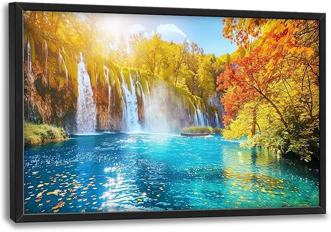 Extra Large Waterfall Lake Framed Wall Art for Living Room,Oversized Fall Autumn Tree Landscape Pictures Wall Decor,Nature Canvas Print Painting Modern Artwork Bedroom Office Bathroom 36L" x 24W"-PurrikoPets