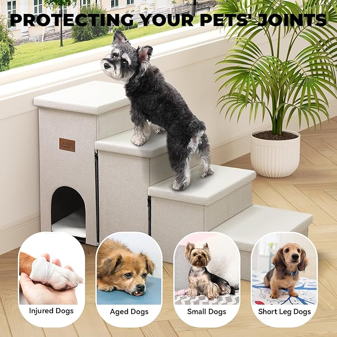 Dog Stairs with Condo 23" H, 4-Step Wider Folding Storage Pet Stairs Gift for Small/Medium/Large Old Dogs Cats, Dog Steps for High Beds Window, Ramp for Climbing Car Up to 200 lbs, Beige-PurrikoPets