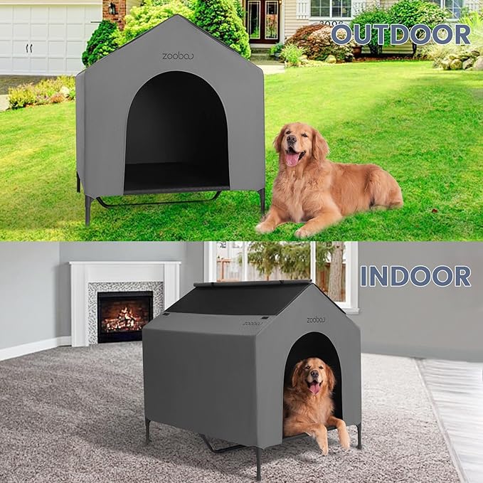 42” Outdoor Dog House for Large Breeds, Durable Large Dog Shelter with Weatherproof 600D PVC Canopy, Breathable 2x1 Textilene Fabric Elevated Dog Bed, XL Dog Kennel for Outside Use-PurrikoPets