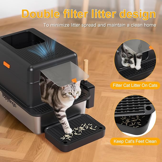 Enclosed Stainless Steel Litter Box with Lid, 20L Metal Enclosed Litter Box for Big Cat, Flip-Top Design with Anti-Leakage High Sides, Cat Lovers Gifts（Black）-PurrikoPets