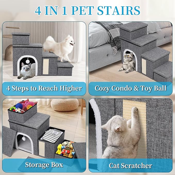 Dog Stairs for Bed and Couch 23“H, Foldable Dog Stairs for Small Older Dogs, 4 in 1 Adjustable Pet Cat Steps Ramps with Storage, Condo, Cat Scratcher, Hold Up to 180LBS, 4 Steps-PurrikoPets