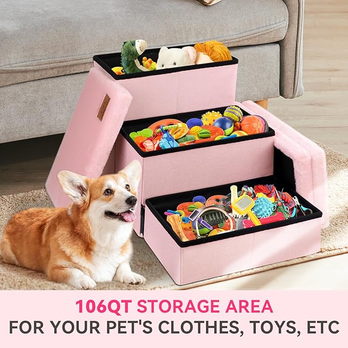 Dog Stairs with Furry Lids 18" H, 3-Step Wider Dog Steps with Storage for Small/Medium/Large Dogs Cats, Folding Sturdy Pet Stairs Climbing Bed or Sofa, Ramp for Car Hold Up to 200 lbs, Pink-PurrikoPets