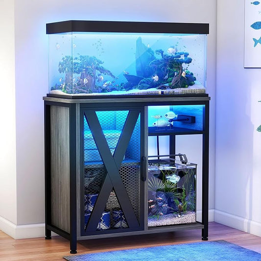 DWVO 20-29 Gallon Aquarium Stand with Power Outlets & LED Light, Cabinet for Fish Tank Accessories Storage - Metal Fish Tank Stand Suitable for Turtle Tank, Reptile Terrarium, 350LBS Capacity, Grey-PurrikoPets