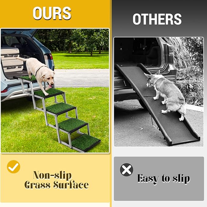 Dog Stairs for Car, Portable Folding Dog Ramps,Dog Steps for Large Dogs with Non-Slip Grass Rug for Cars, SUV, Trucks, Lightweight Pet Ramp Supports Up to 200 lb, 6 Steps-PurrikoPets