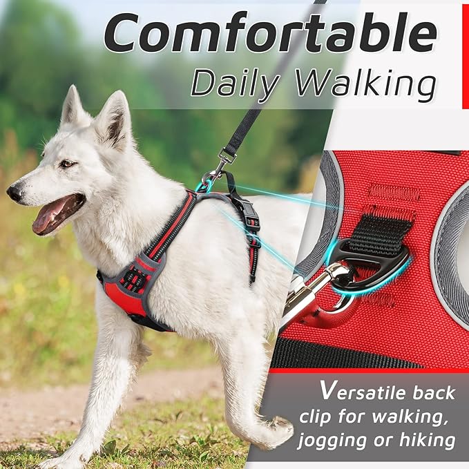 Eagloo Dog Harness Large Breed, No Pull Service Vest with Reflective Strips and Control Handle, Adjustable and Comfortable for Walking, No Choke Pet Harness with 2 Metal Rings, Red, XL-PurrikoPets