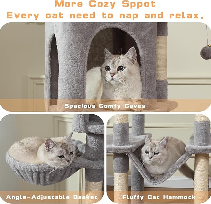70-Inch Cat Tree,Large Cat Tree Tower with Hammock, Scratching Post, Condo and Multi-Level Cat Tower for Large Cats, Cat Activity Center Playhouse, Light Gray LCT016-PurrikoPets