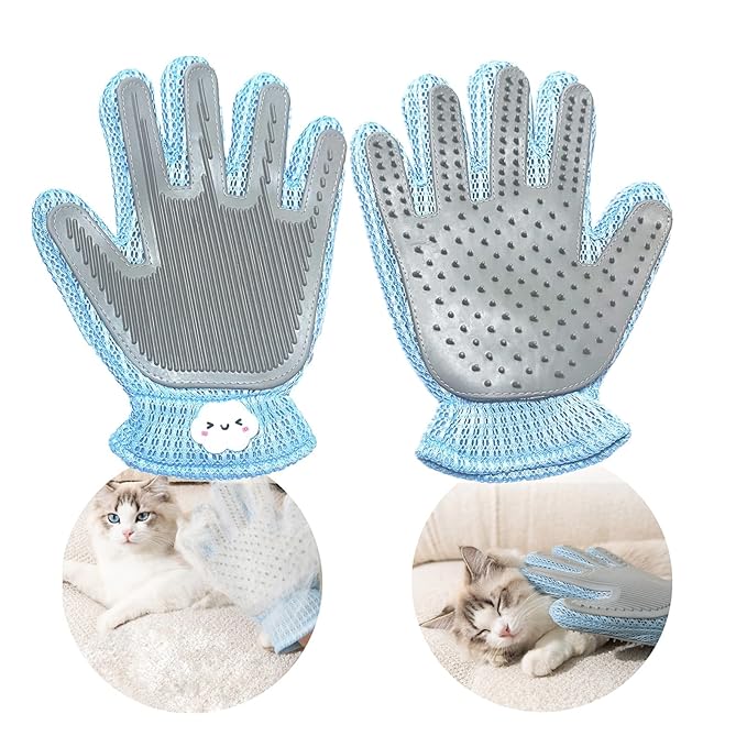 2 Pcs [2-in-1] Pet Hair Removal Gloves - Five Finger Massage Design Pet Beauty Gloves, Suitable for pet dogs and cats to prevent hair tanglings (Blue)-PurrikoPets