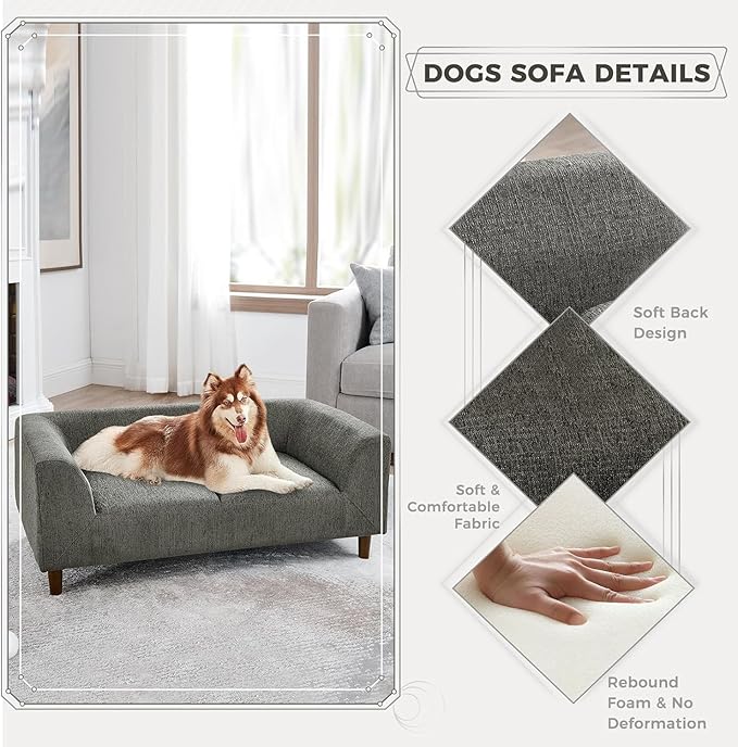 Dog Sofa Couch for Medium to Large Dogs, Memory Foam Dog Sofa Bed, Modern Elevated Pet Couch Bed with Wooden Legs for Medium and Large Dogs, Dark Grey-PurrikoPets